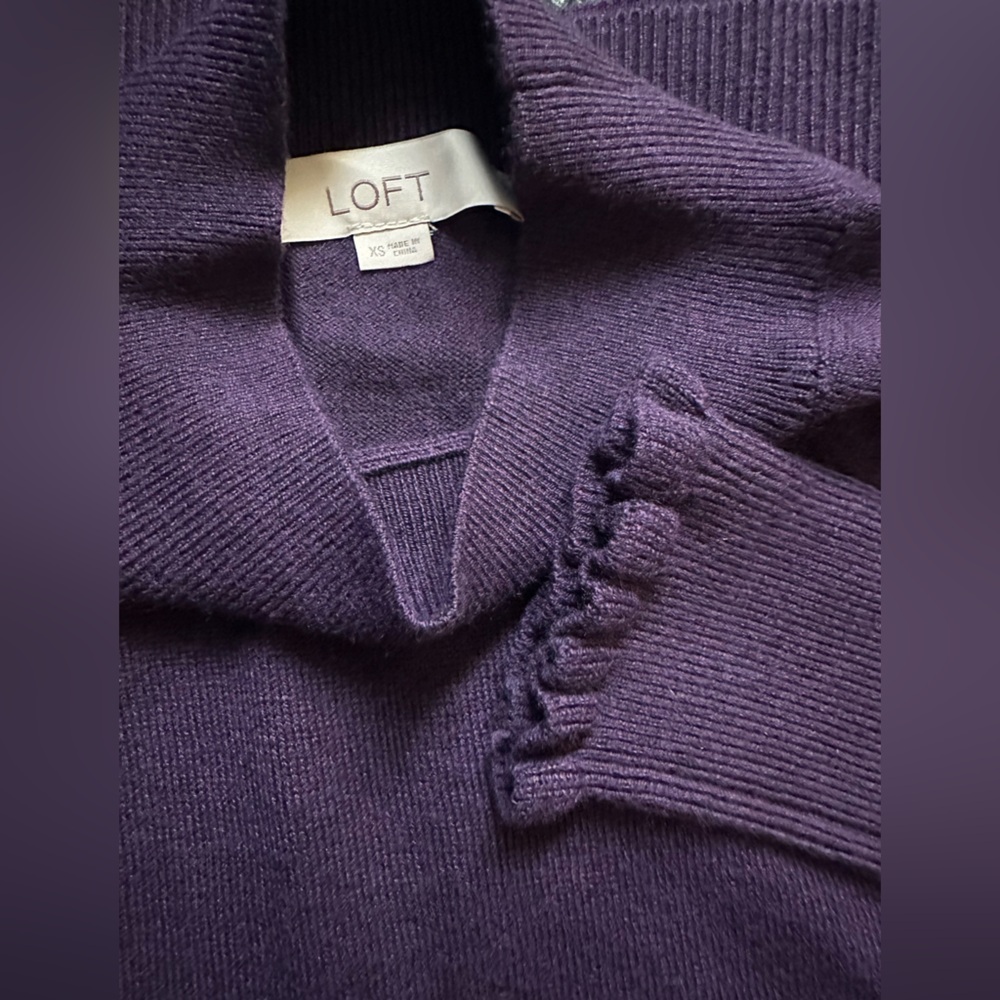 LOFT Deep Plum Mock Turtleneck Sweater with Ruffle Detail. Size X-Small. - Picture 3 of 4